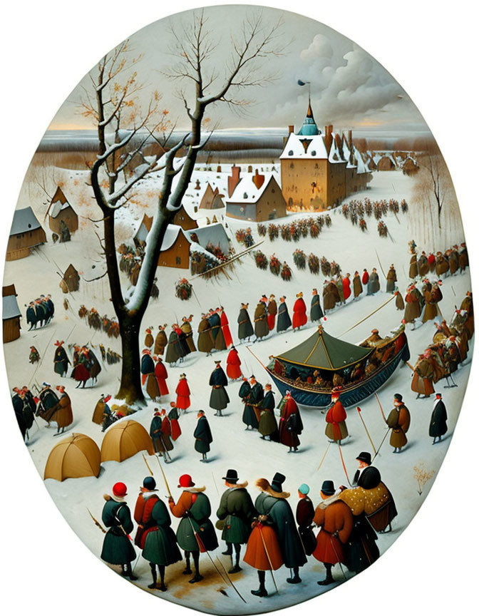 Detailed painting of historical winter scene with people, horses, and ornate sled.