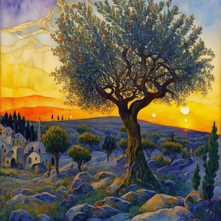 Colorful painting of olive tree at sunset in stylized landscape