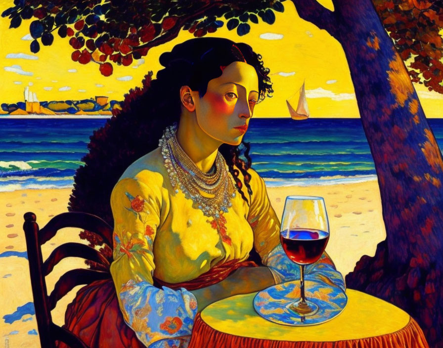 Stylized painting: Woman with dark hair by the sea, tree, wine glass, boat horizon