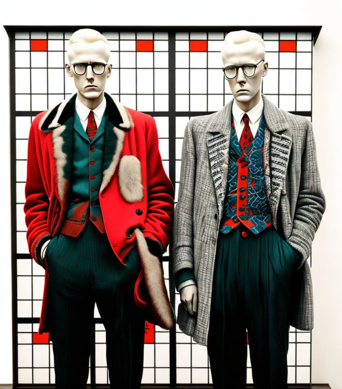 Stylized mannequins in fashionable menswear on red and white grid background