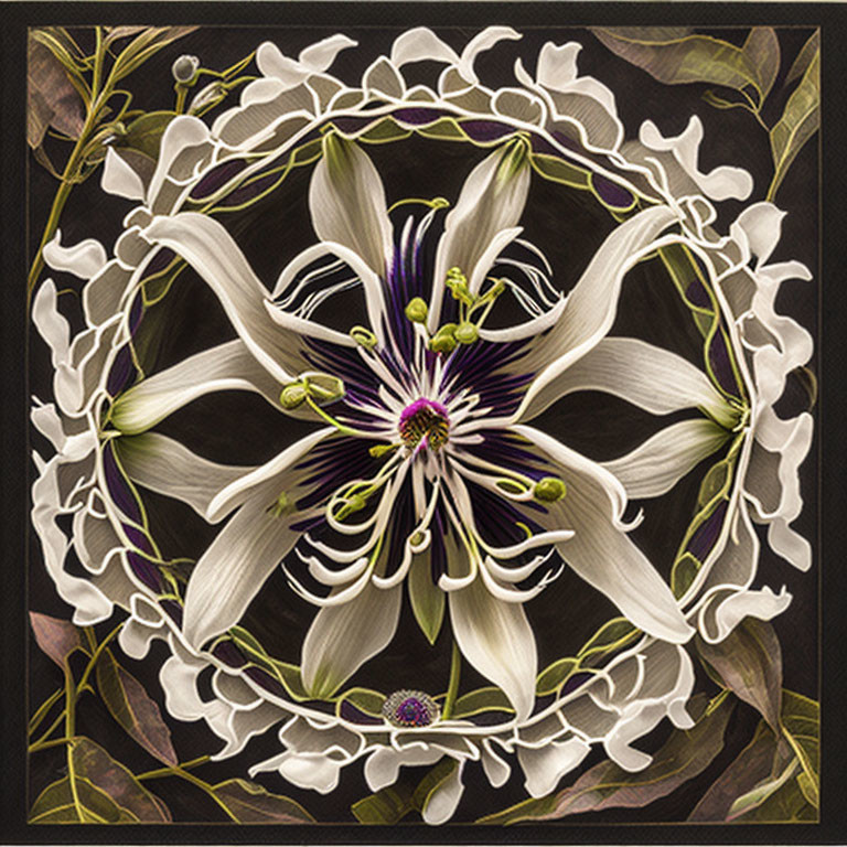 Symmetrical floral digital art: central passion flower with intricate white leaves on dark background