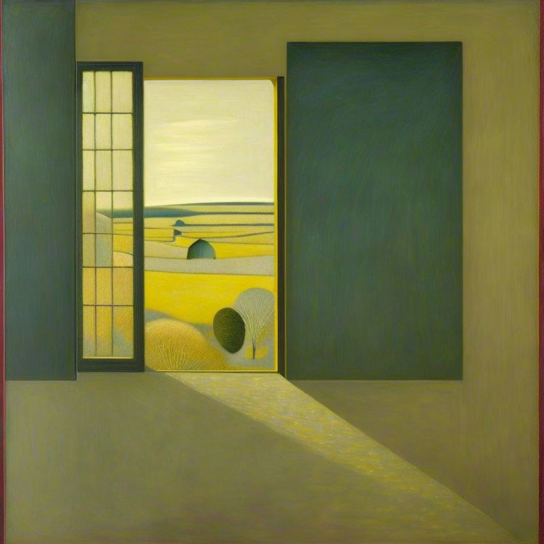 Stylized painting of room with open door to coastal landscape