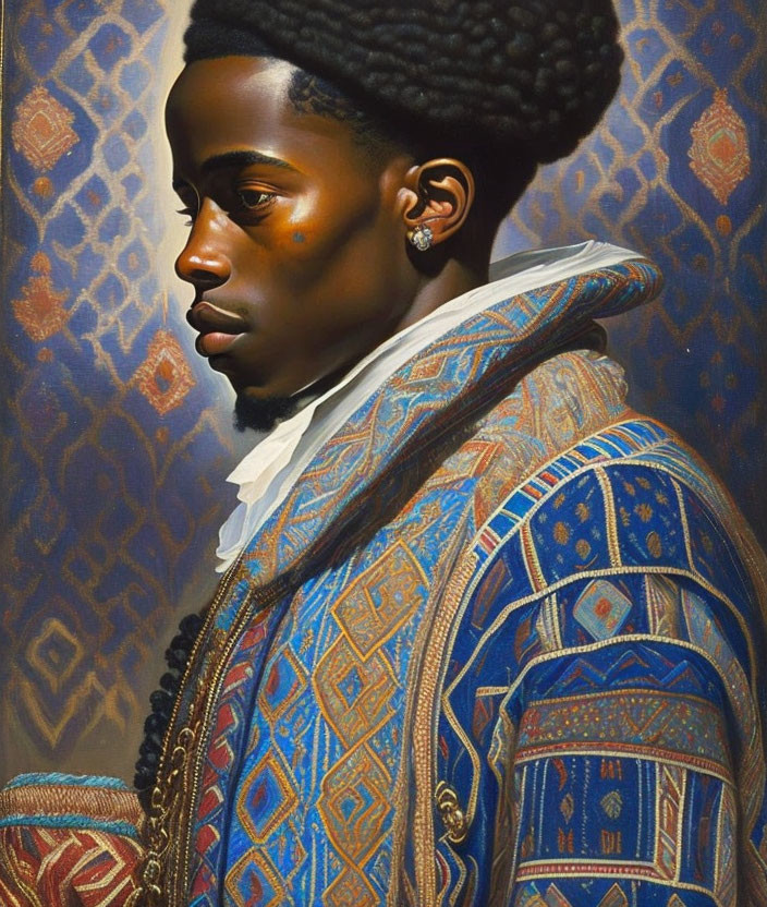 Detailed portrait of a man with stylized hair and blue jacket, intricate textures, contemplative expression.