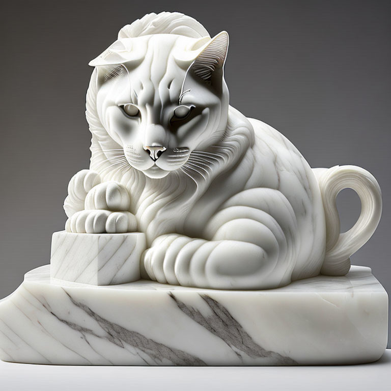 White Marble Cat Sculpture with Intricate Fur Patterns and Cup on Marbled Base