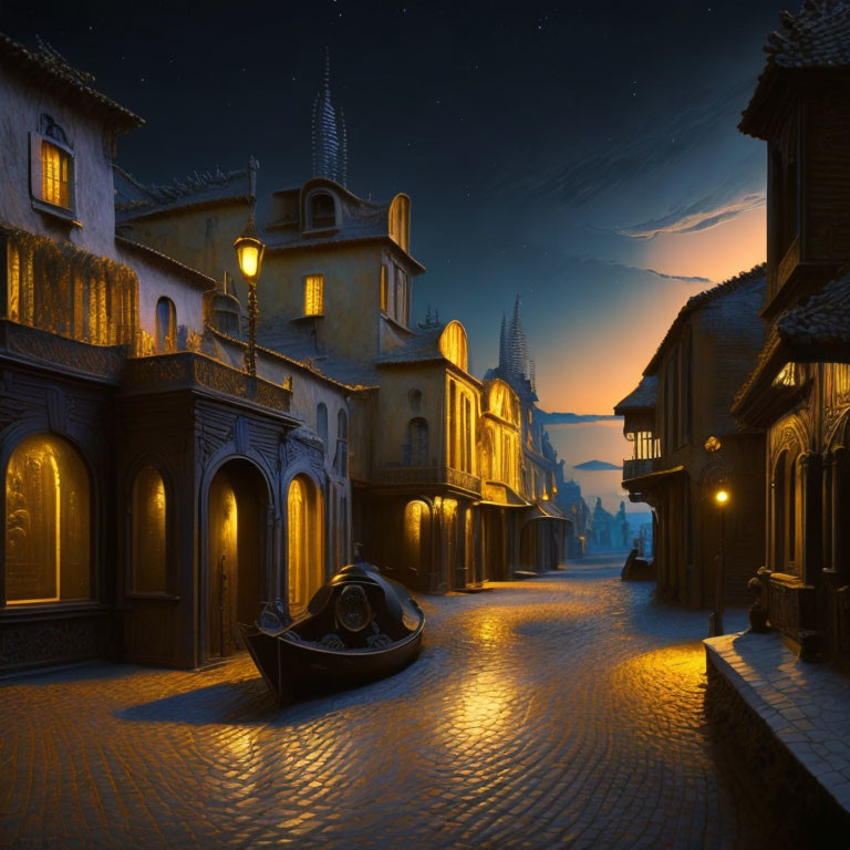 Old European Style Townscape at Night: Cobblestone Streets, Canal, and Warm Yellow Lights