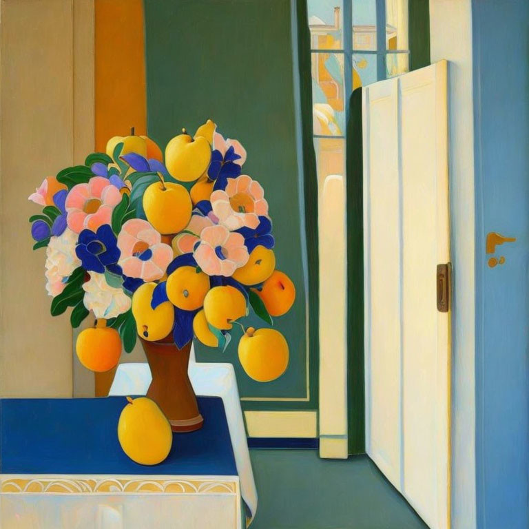 Colorful still life painting with lemons, flowers, table, door, and balcony