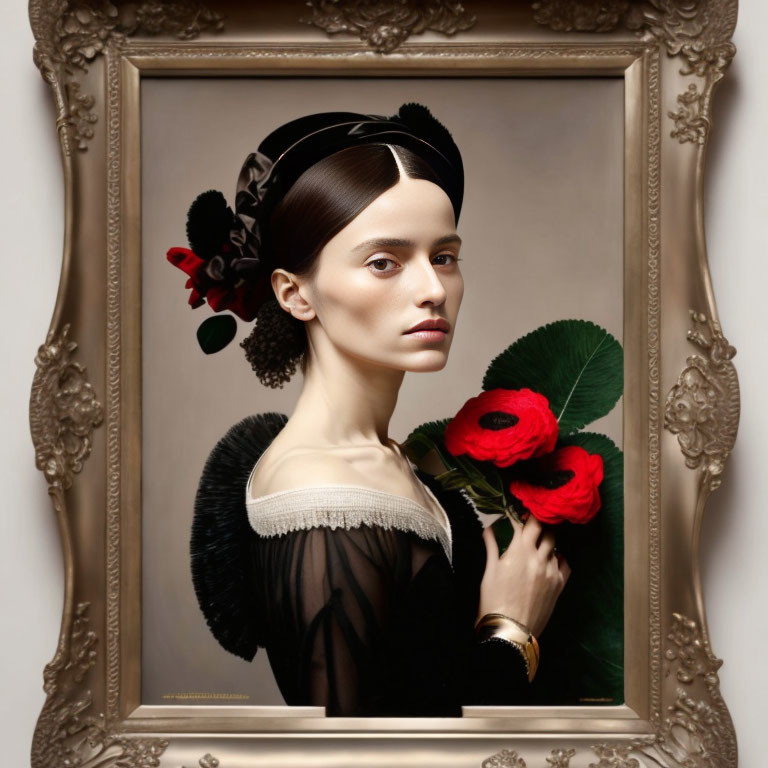 Woman in Dark Dress with Red Flower in Ornate Golden Frame