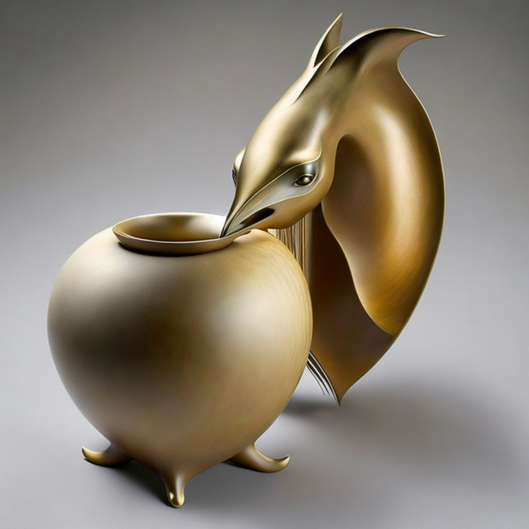 Golden surreal sculpture blending bird's head and pot with reflective surface.