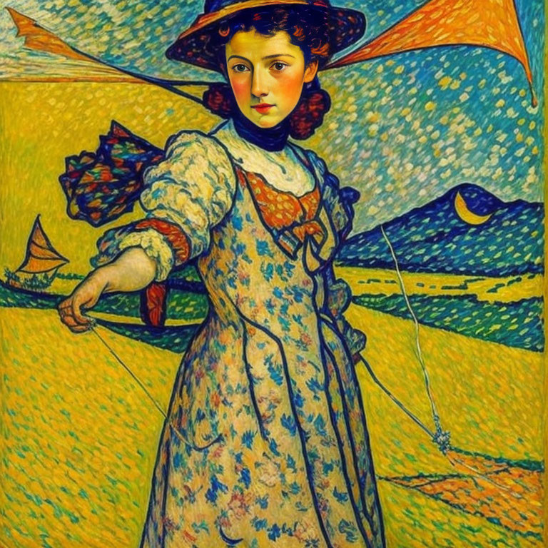 Stylized portrait of a woman in vintage attire with parasol in vibrant post-impressionist landscape