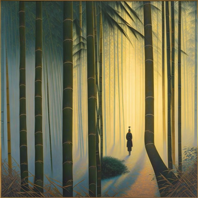 Solitary figure in serene bamboo forest at sunrise or sunset