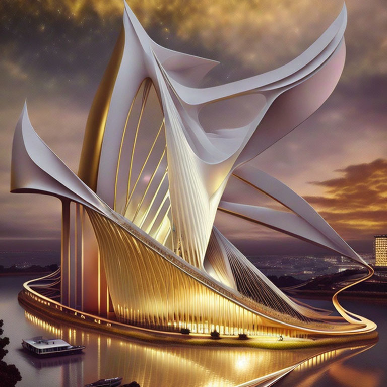 Modern waterfront building with flowing wing-like structures and golden illumination