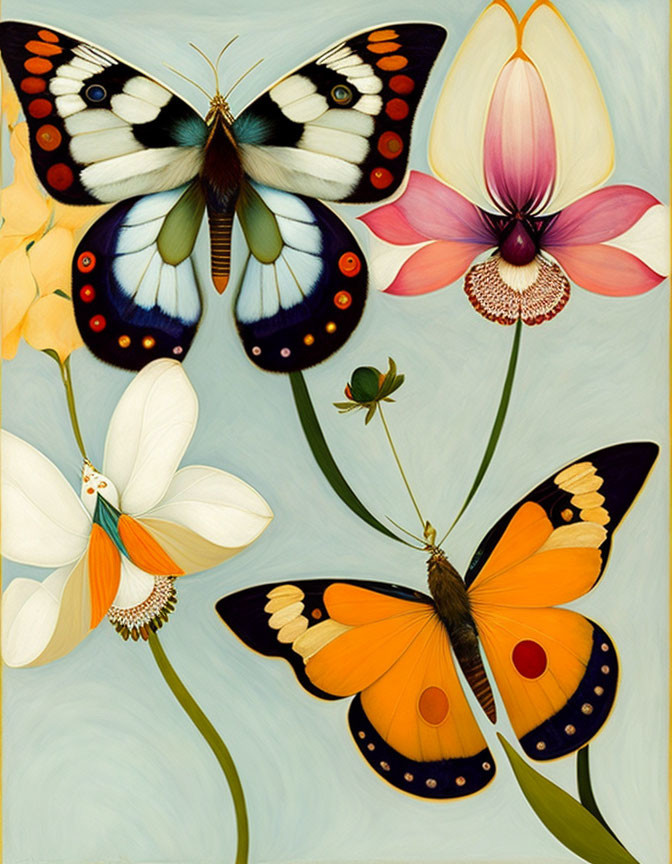 Vibrant butterflies on flowers against yellow backdrop