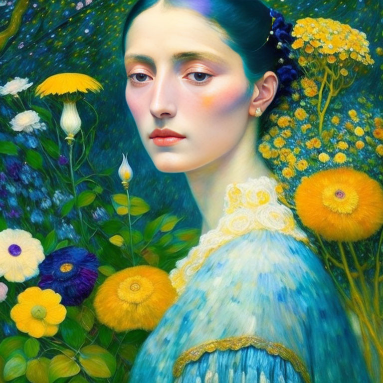 Woman with Porcelain Skin Surrounded by Yellow and White Flowers