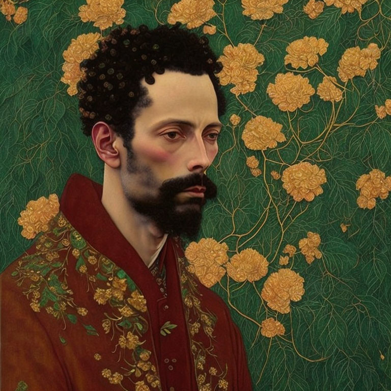 Bearded man with curly hair in red garment on green floral backdrop