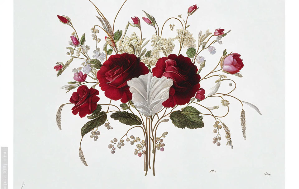 Botanical illustration of red roses, white flowers, and greenery on pale background