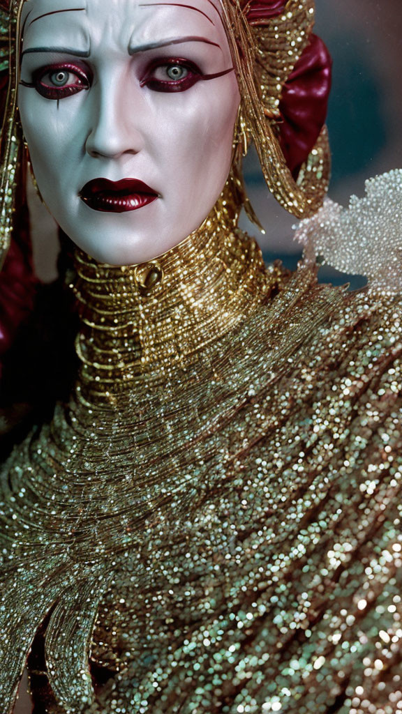 Person with white skin, dark lips, and gold attire in dramatic makeup