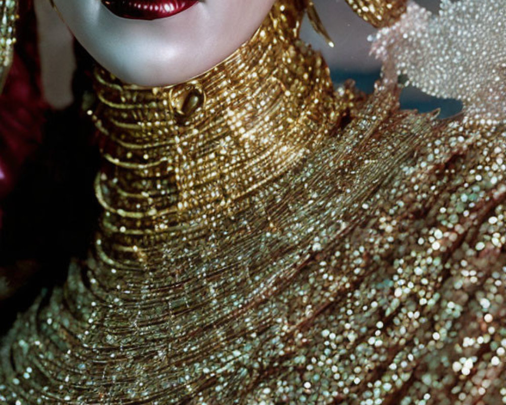 Person with white skin, dark lips, and gold attire in dramatic makeup