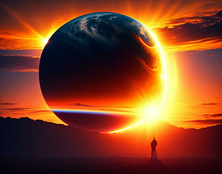 Silhouette of person against sunrise with surreal Earth rising on horizon