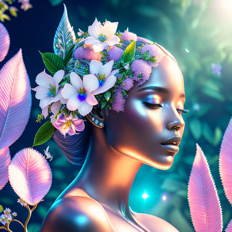 Digital artwork: Woman with floral crown in mystical setting