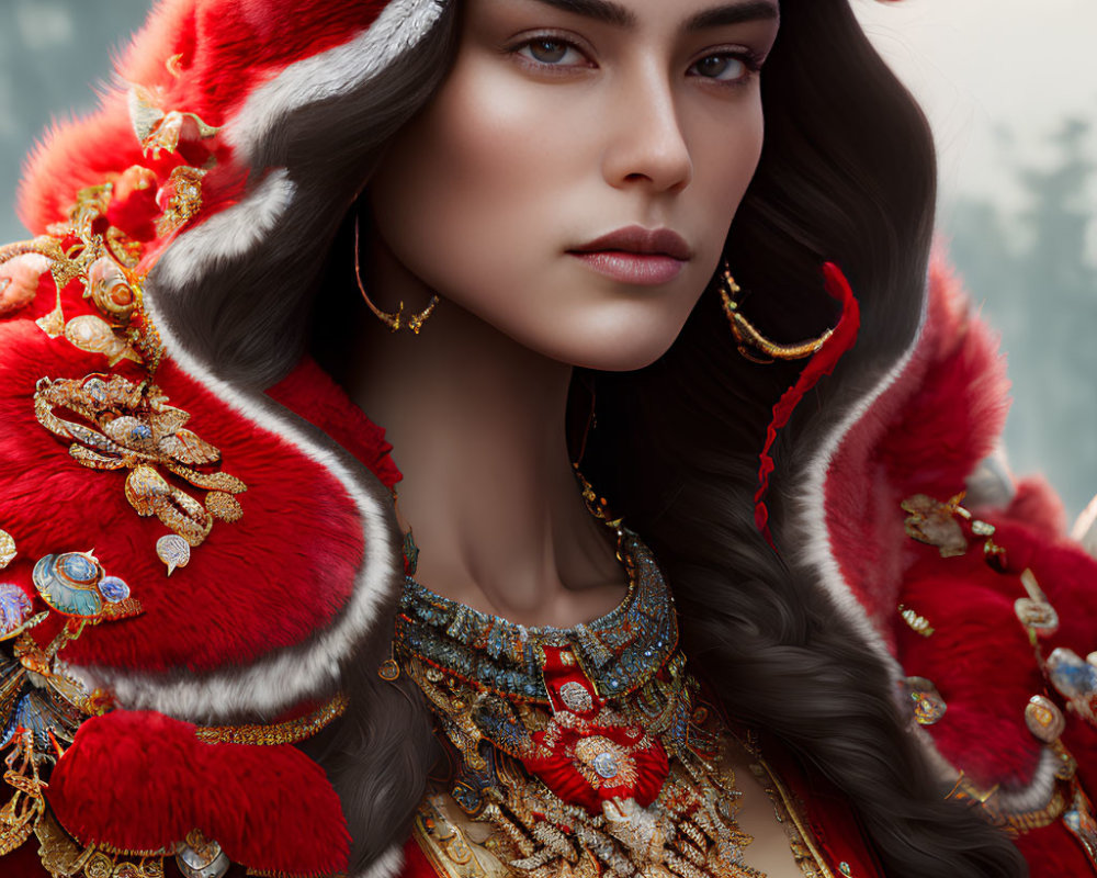 Regal Woman in Luxurious Red Cloak and Gold Jewelry