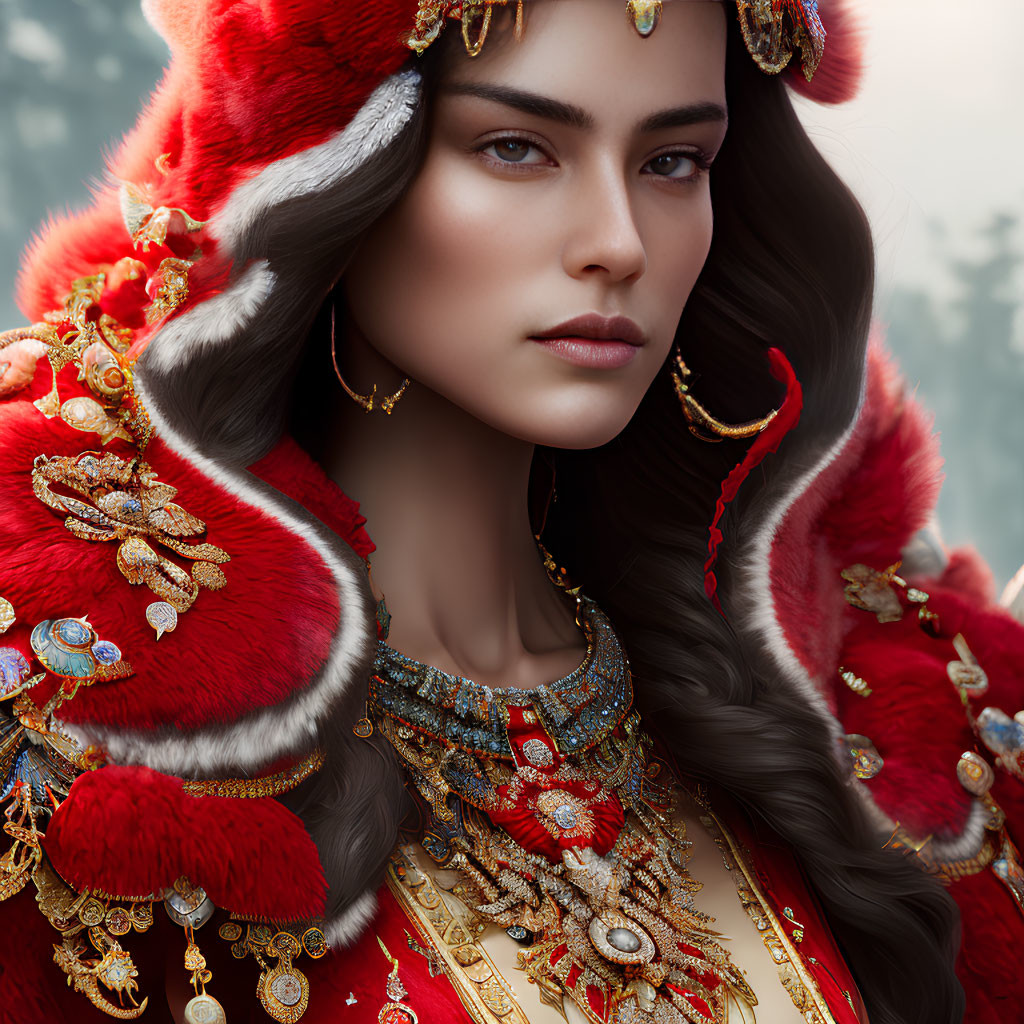 Regal Woman in Luxurious Red Cloak and Gold Jewelry