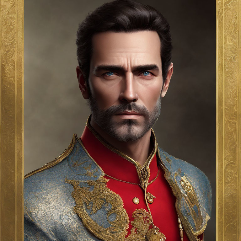 Man with Beard in Royal Blue Military Jacket Against Gold Background