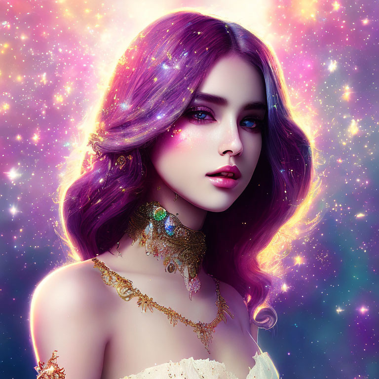 Purple-haired woman in digital portrait with galaxy background and sparkling eyes.