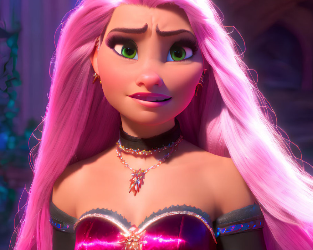 3D animated female character with pink hair, green eyes, red and gold bodice.