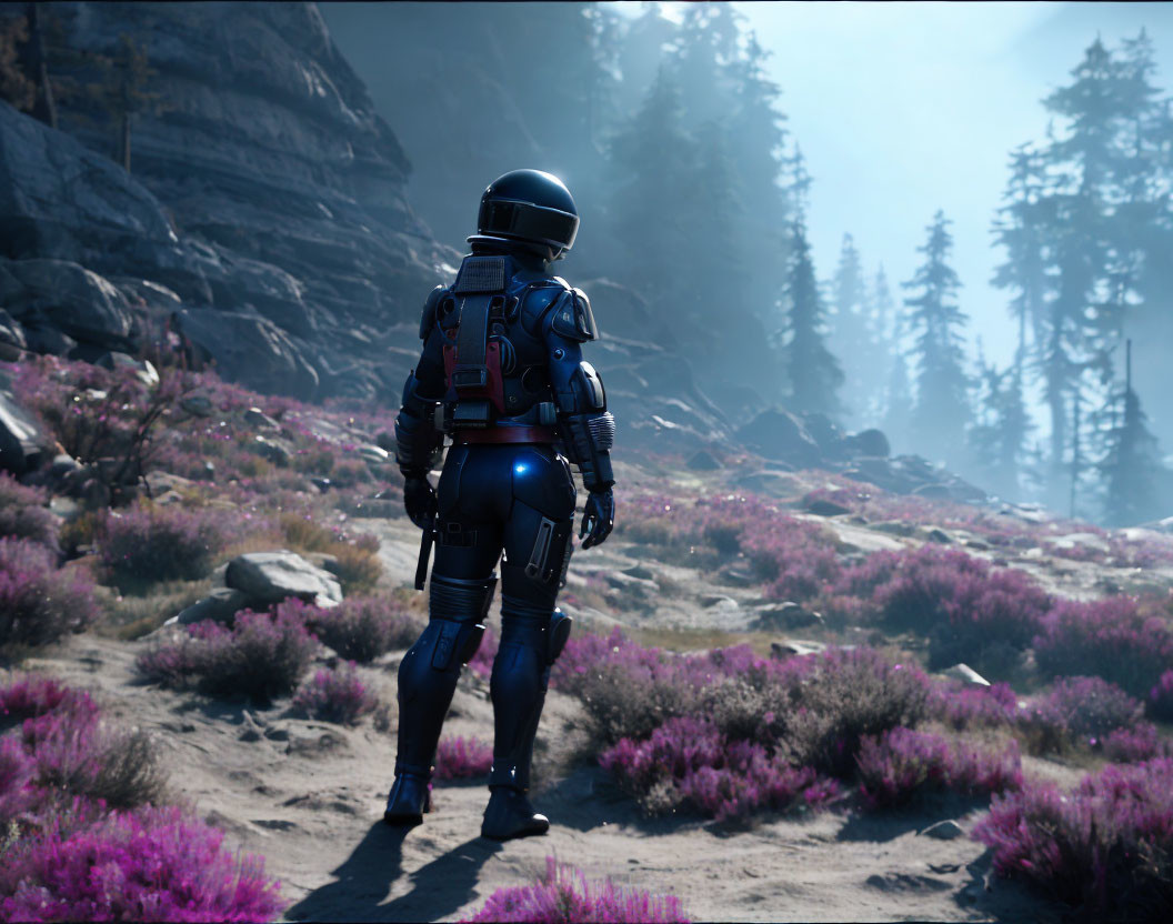 Futuristic space suit figure in flower-covered landscape