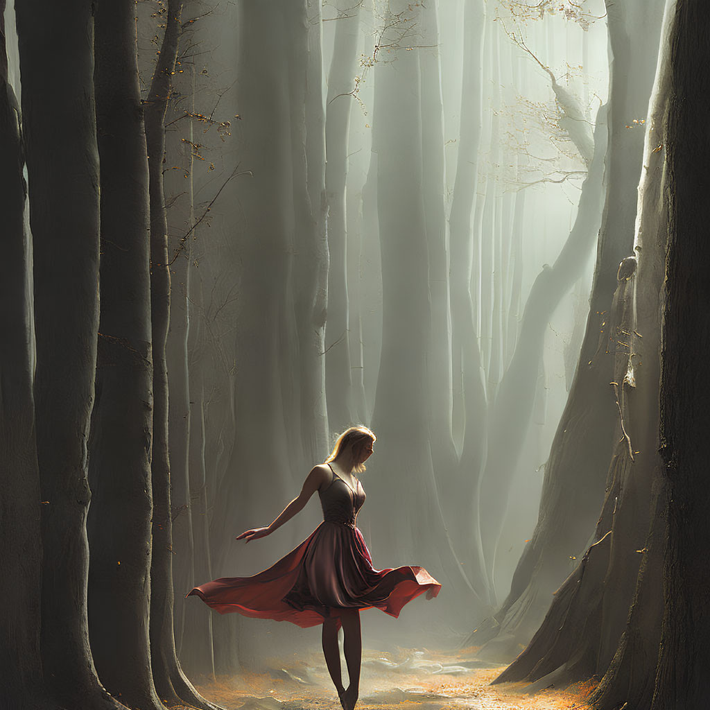 Woman in Red Dress Standing in Sunlit Forest Clearing