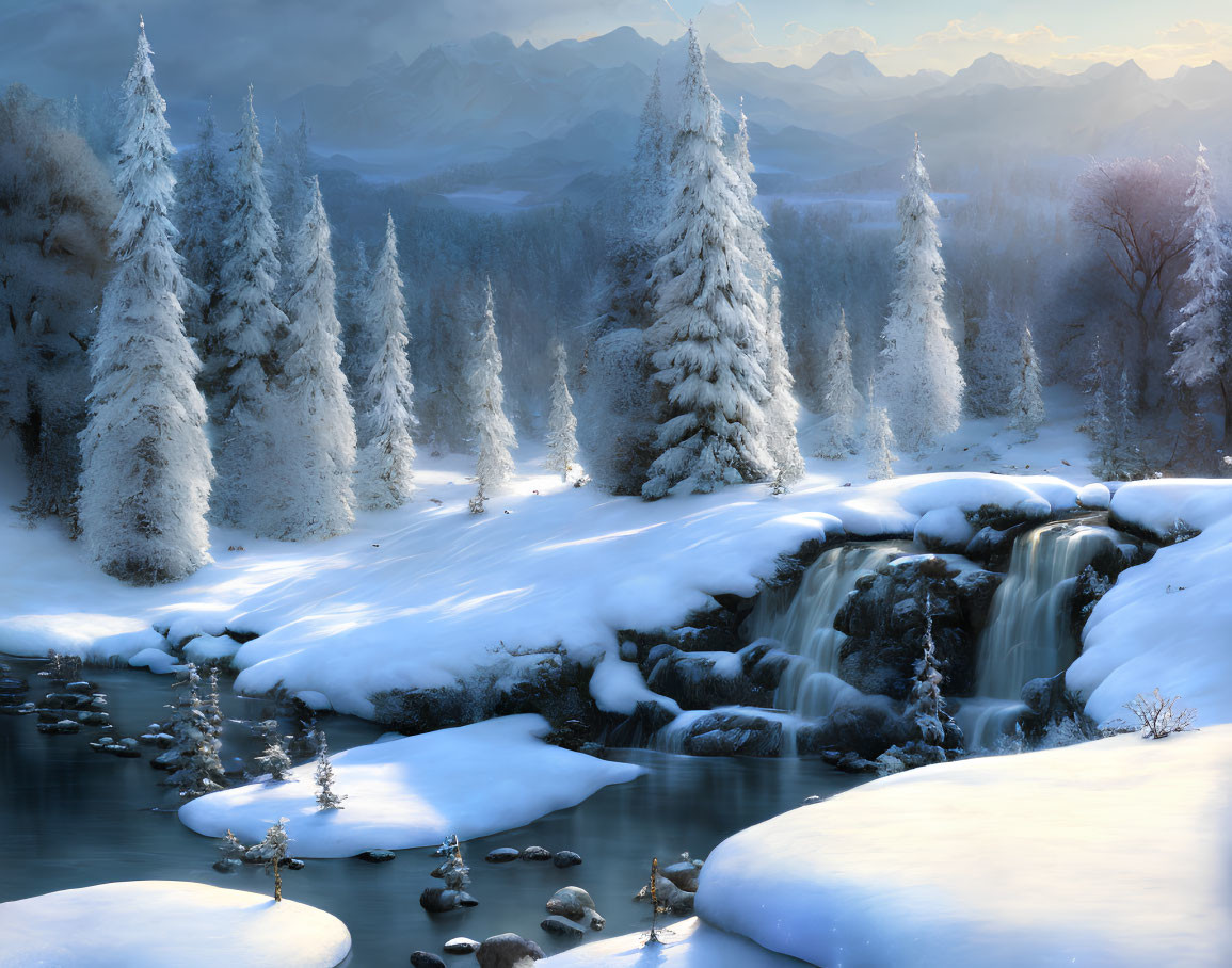 Snow-covered trees, cascading waterfall, and distant mountains in serene winter landscape