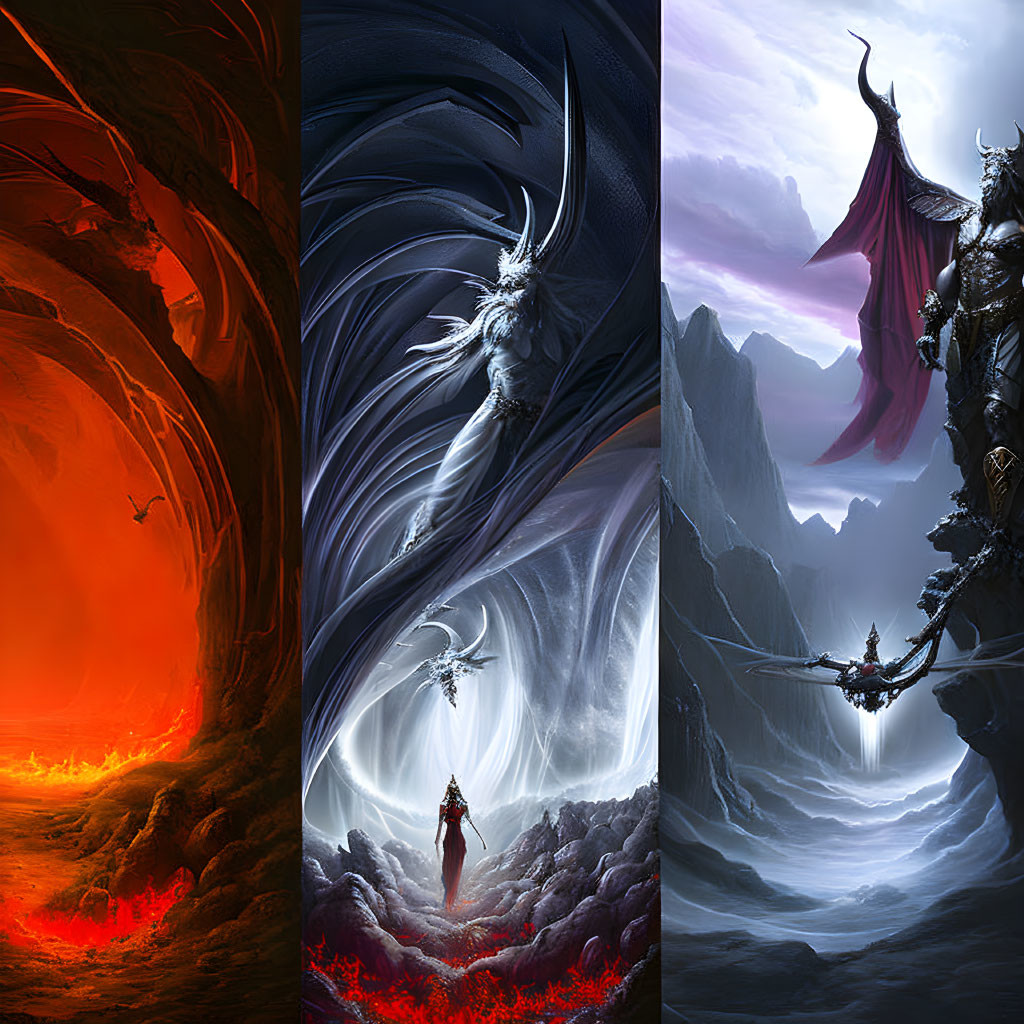 Fantasy Triptych: Fiery, Icy, & Mountainous Realms with Dragon-like