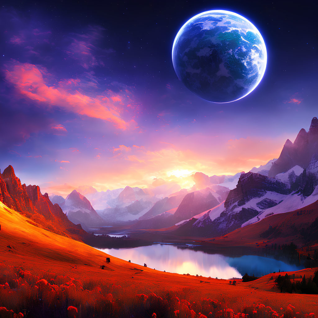 Surreal landscape with Earth-like planet, mountains, lake, and flowers at sunset