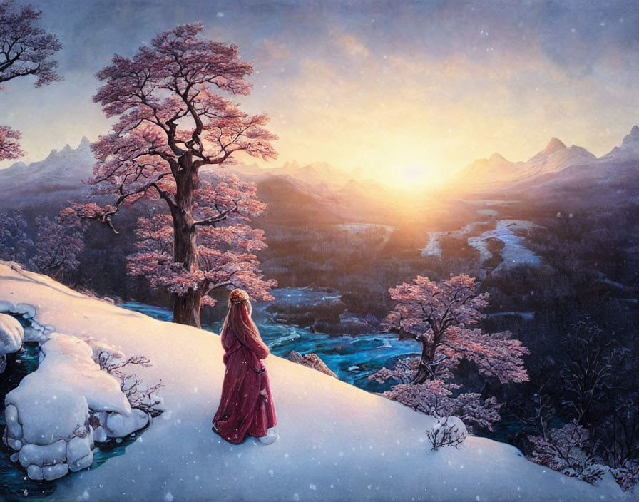 Person in Red Cloak in Snowy Landscape at Sunrise with Cherry Blossoms and Mountains