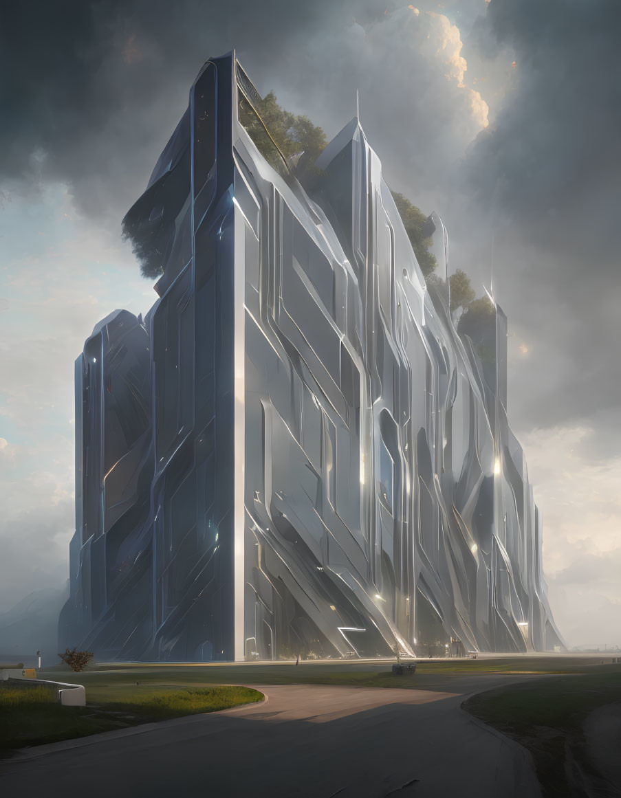 Reflective futuristic architecture in misty landscape with dynamic lighting