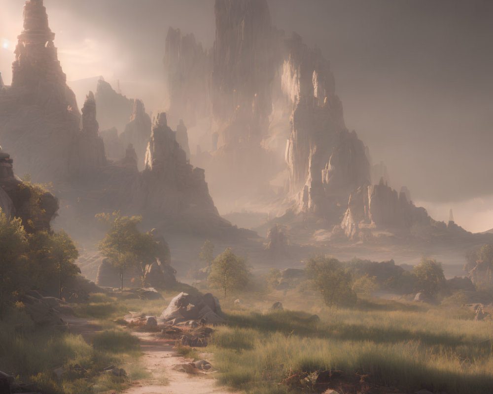 Rocky spires and mystical temple in misty landscape