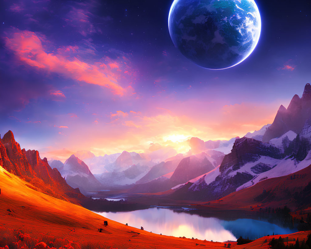 Surreal landscape with Earth-like planet, mountains, lake, and flowers at sunset