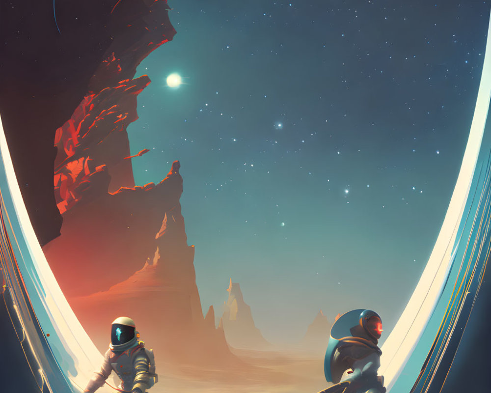 Astronauts on alien planet with red cliffs and ringed planet/moon