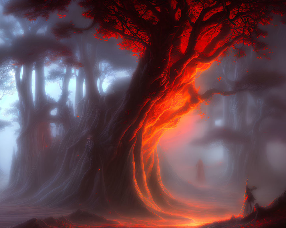 Ethereal red light forest with glowing lava-like tree