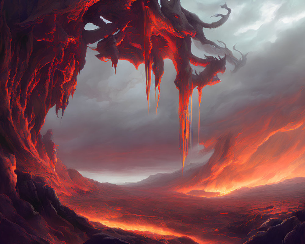 Fiery landscape with molten lava flows and ominous rock formations