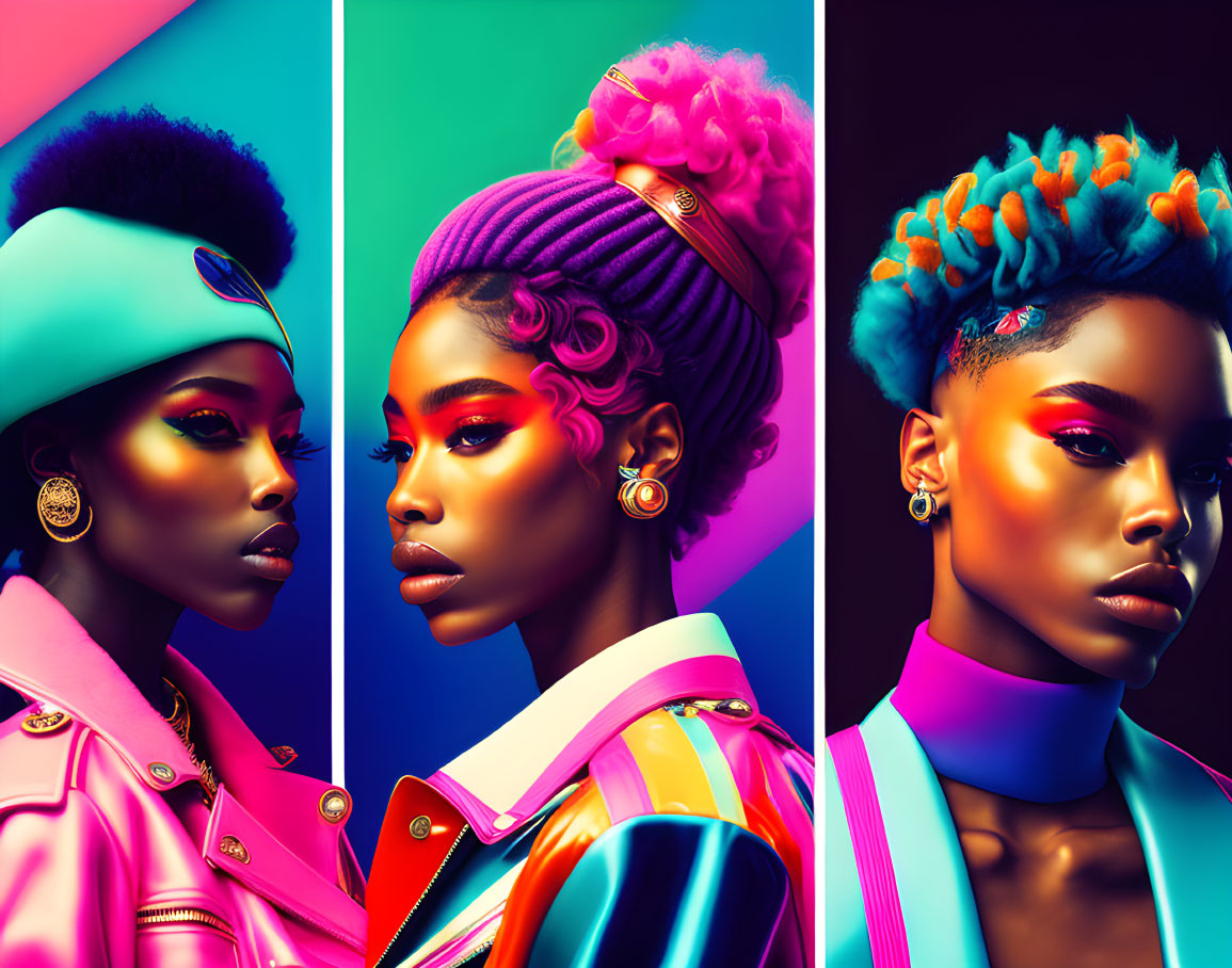 Vibrant makeup and colorful hairstyles on stylized portraits of women