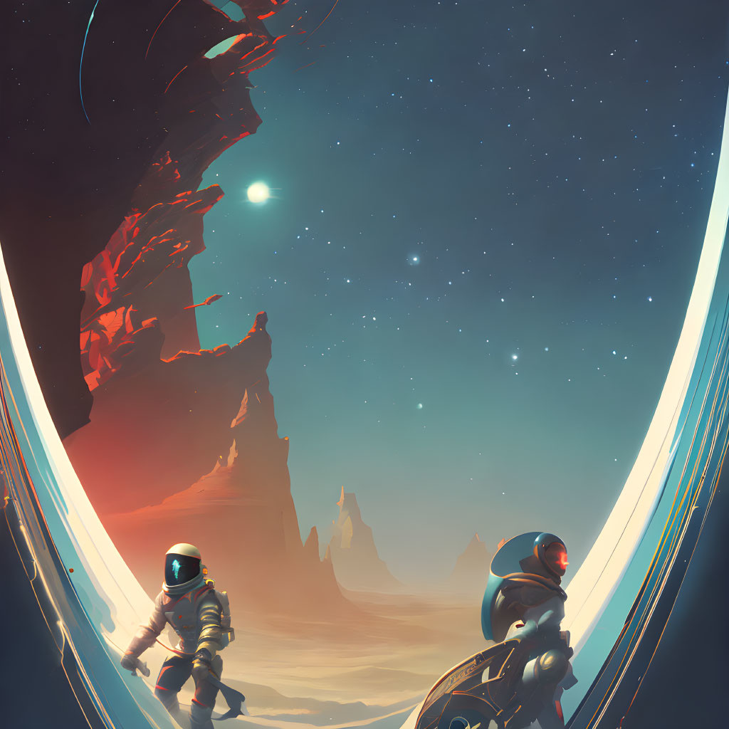 Astronauts on alien planet with red cliffs and ringed planet/moon