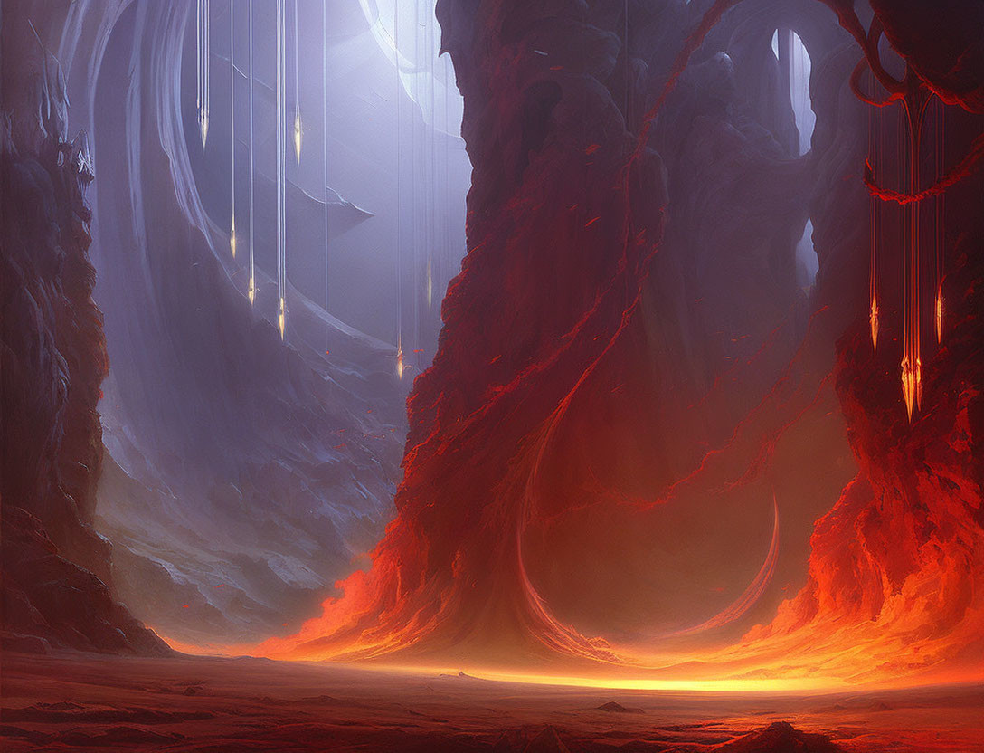 Ethereal light in vast cavern with red walls