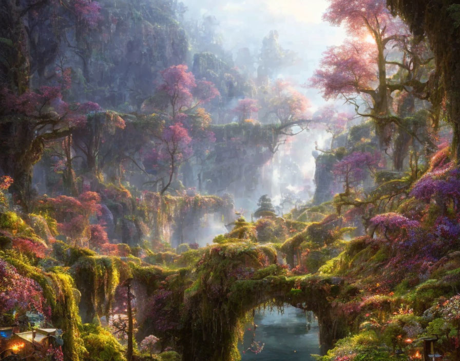 Misty landscape with pink and purple foliage, natural bridge, waterfalls, and glowing tent