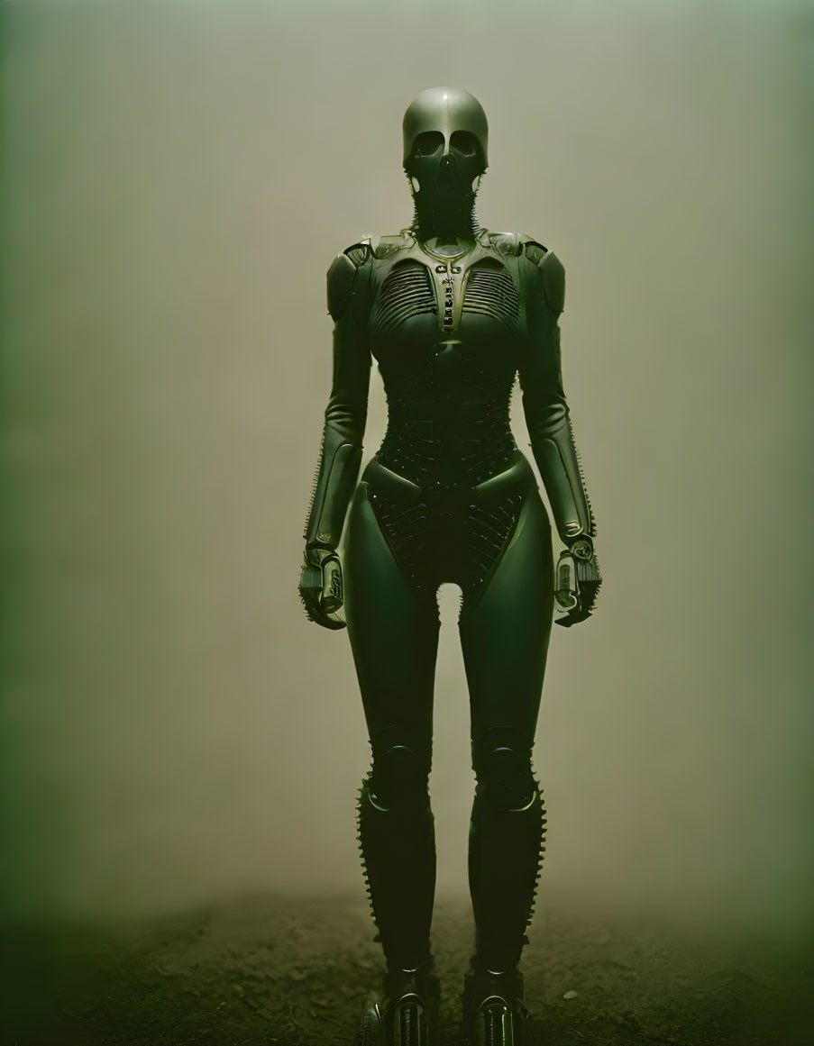 Human-like android in black suit against misty backdrop