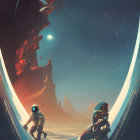 Astronauts on alien planet with red cliffs and ringed planet/moon