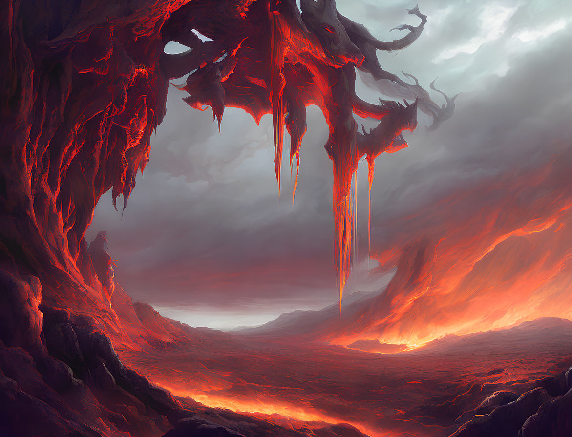 Fiery landscape with molten lava flows and ominous rock formations