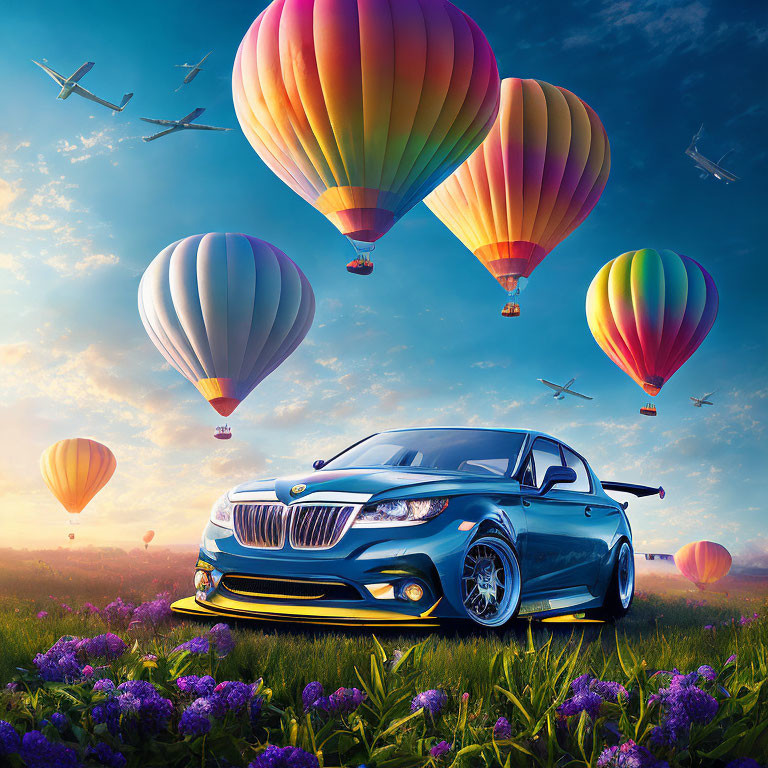 Blue Car in Purple Flower Field with Hot Air Balloons and Airplanes