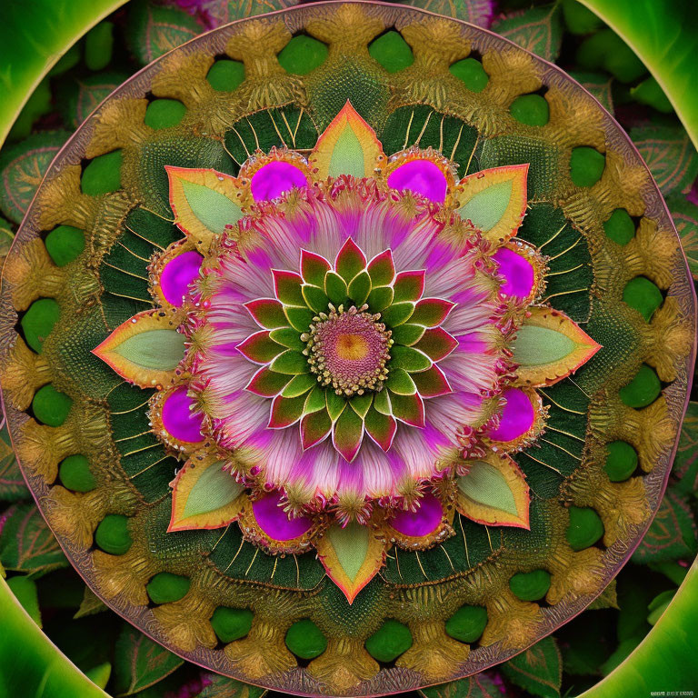 Colorful Fractal Image with Green, Pink, & Gold Floral Patterns