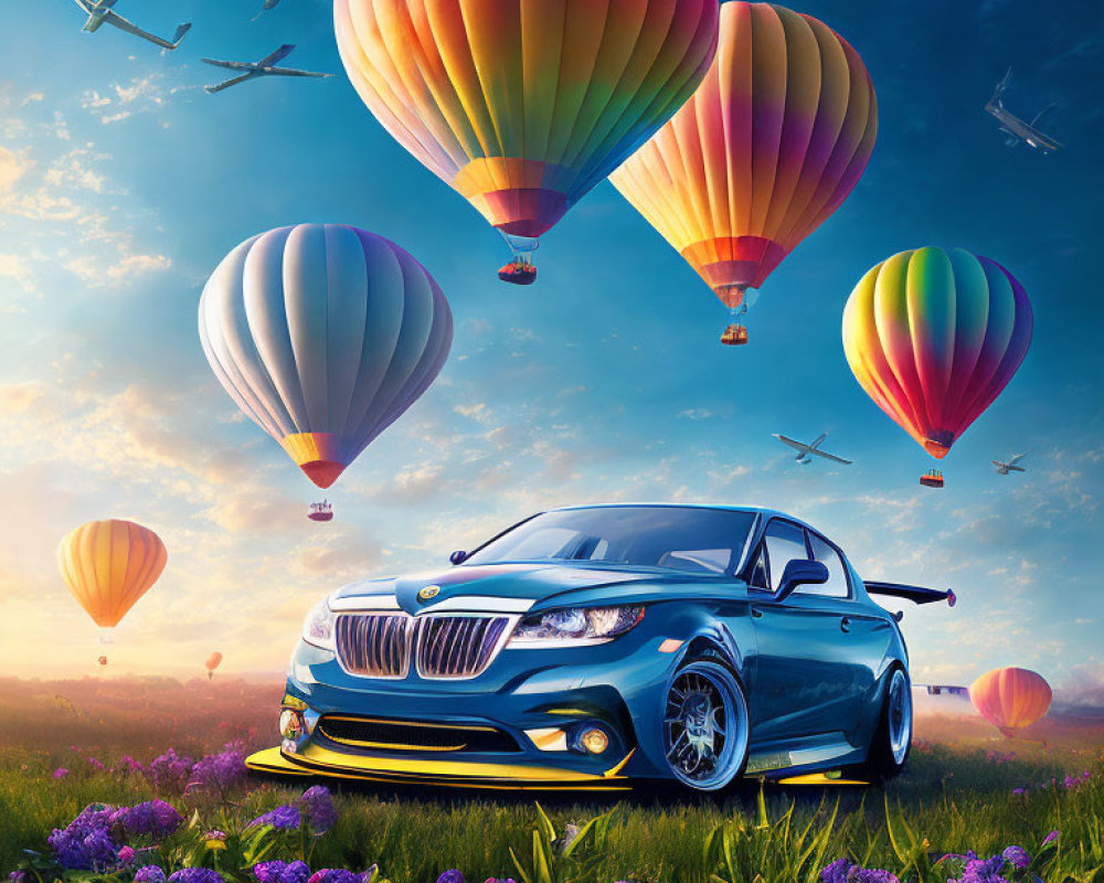 Blue Car in Purple Flower Field with Hot Air Balloons and Airplanes